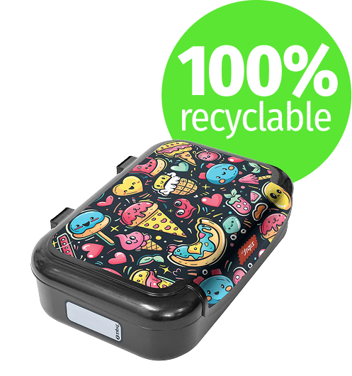 Colorful snack container with cartoon designs and a green '100% recyclable' label on a white background