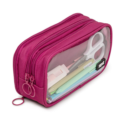 A mint green pencil case with a transparent front, showing pens and a scissors inside, and a zipper closure at the top.
