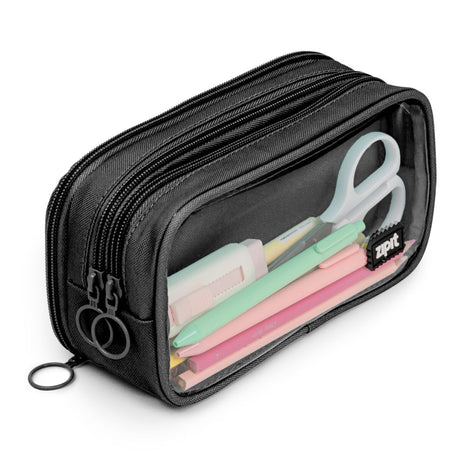 A mint green pencil case with a transparent front, showing pens and a scissors inside, and a zipper closure at the top.