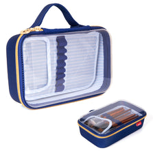 Blue makeup case with transparent lid on a white background