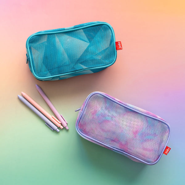 Two mesh pencil cases, one blue and one purple, on a gradient background with pens.