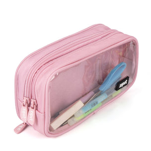 A mint green pencil case with a transparent front, showing pens and a scissors inside, and a zipper closure at the top.