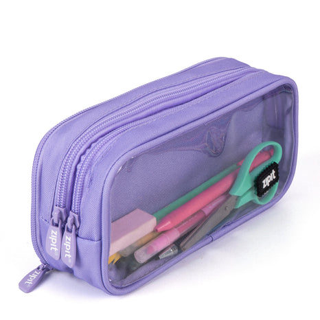A mint green pencil case with a transparent front, showing pens and a scissors inside, and a zipper closure at the top.