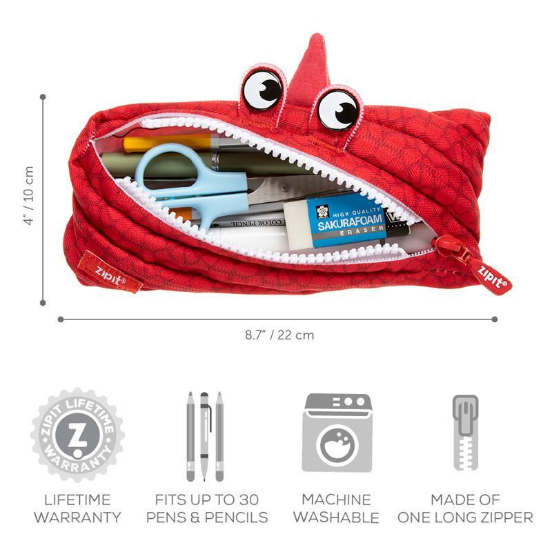 Zipit Grillz Pencil Case for Kids, Holds Up to 30 Pens, Made of One Long Zipper! (Red)