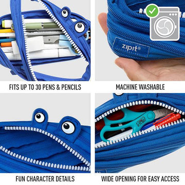 ZIPIT Monster 3-Ring Binder Pencil Pouch, Large Capacity Pen Case for Kids  and Teens, Made of One Long Zipper! (Blue) 